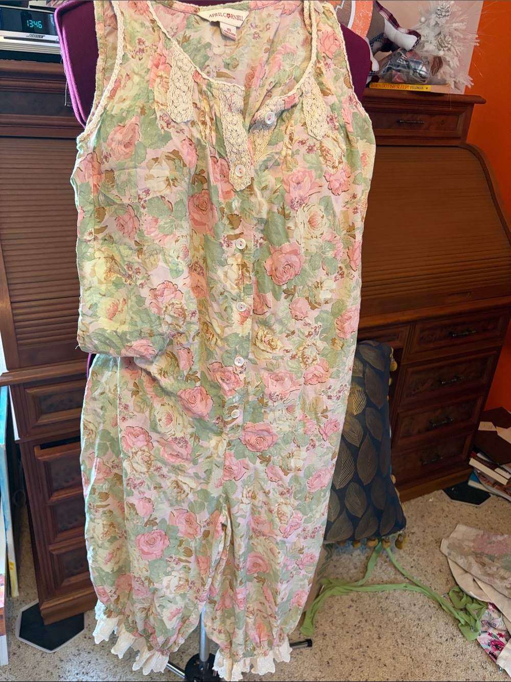 April Cornell Pink and Green Floral Sleeveless Button Romper bloomers  with Lace